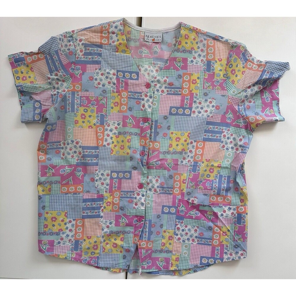 PEACHES Uniforms Patchwork Floral Scrub Top Button Front Cottagecore XL/XXL